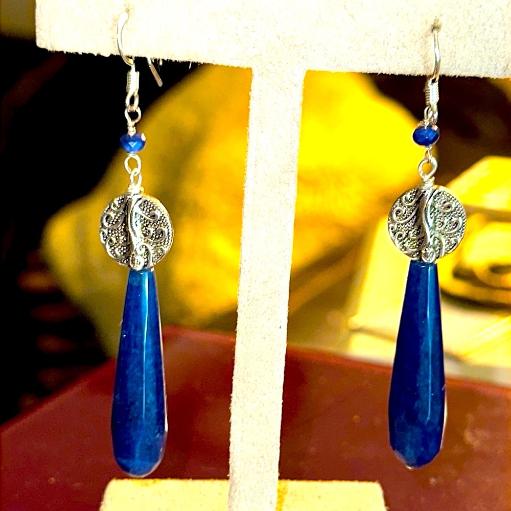 Pierced earrings long jade faceted teardrops sterling silver ear wires stunning